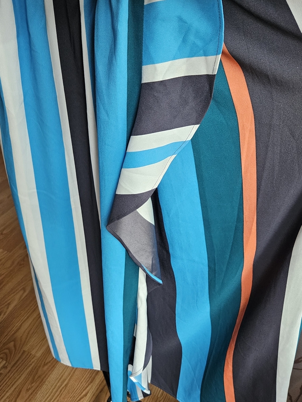 ​ANN TAYLOR LOFT Striped Faux Wrap Maxi Dress Small Blue Teal Orange Ruffle - Picture 6 of 16
